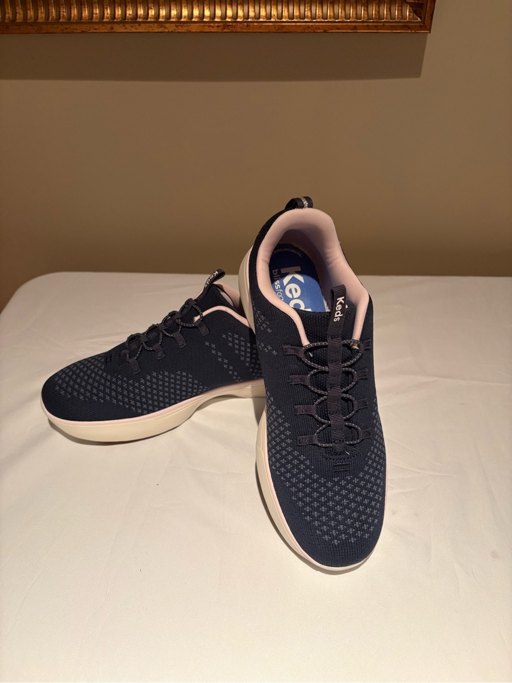 Keds Womens Blisswalk Navy Knit Sneakers with Pink Trim